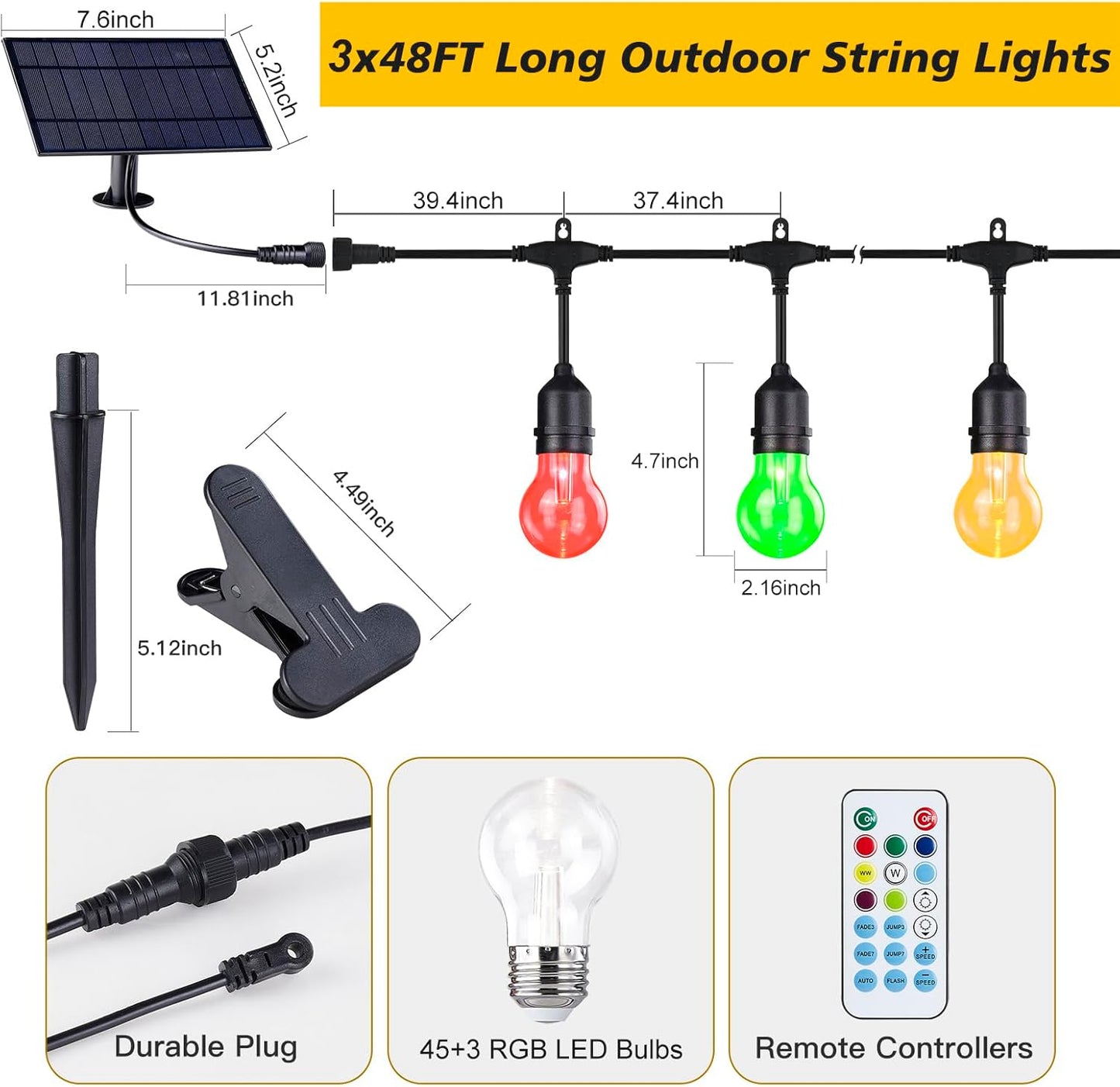 144FT Solar Outdoor String Lights, 45 Shatterproof E26 Edison LED Bulbs, IP65 Waterproof Dimmable RGB Color Changing Patio Lights with 8 Modes & Remote for Garden, Cafe