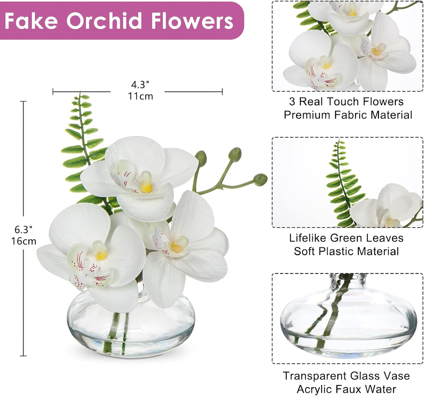 White Orchids Artificial Flowers Faux Orchids Arrangement in Clear Glass Vases Set of 3 Real Touch Phalaenopsis Orchid Flowers Small Fake Orchid Centerpiece for Dining Room Table