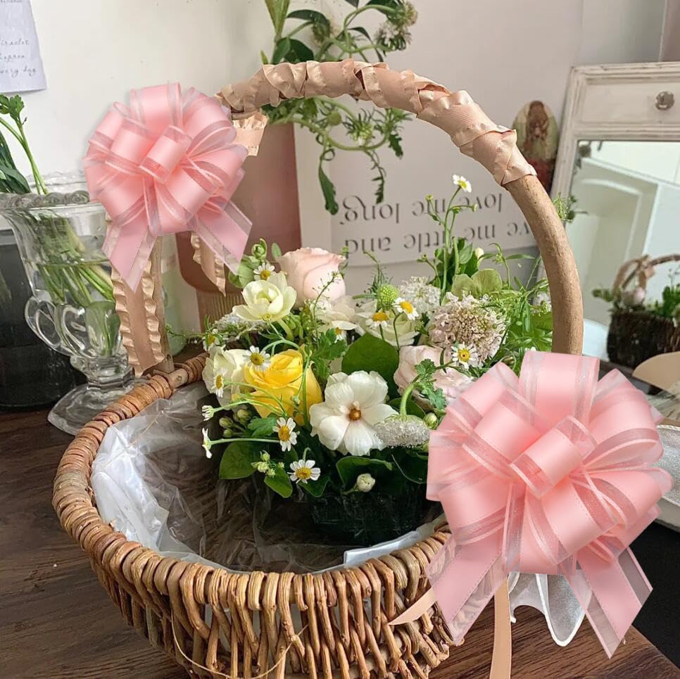 ZhXu Shuo 6 Pieces Large Pull Bows, 6 inches, Organza Fabric, Pink, Wedding & Birthday Occasion, Special Occasions, Classic & Traditional Style, Solid Pattern