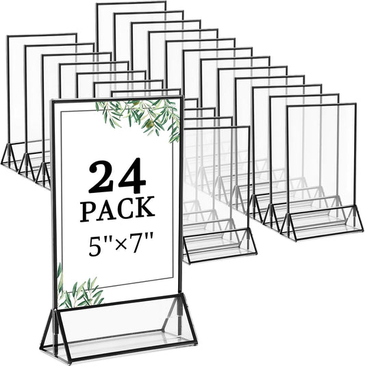 Floroom 24 Pack 5x7 Inch Clear Acrylic Sign Holders, Double-Sided Black Display Stand Picture Frames for Table Numbers, Menus, Flyers, Weddings, and Offices