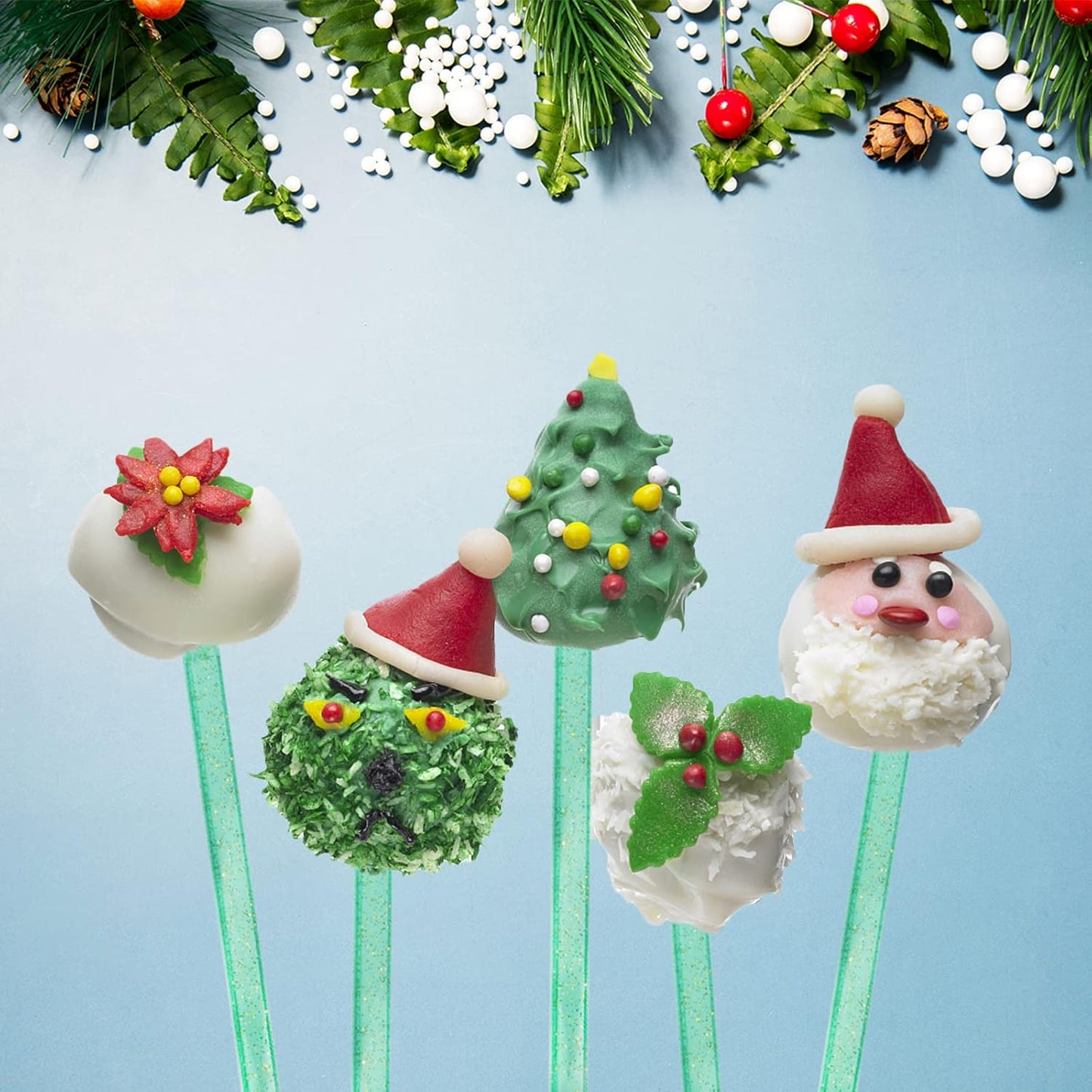50-PCS Christmas Green Glitter Plastic Swizzle Sticks, Crystal Cake Pops, Cocktail Coffee Drink Stirrers, Stir Sticks for Christmas Party, 7.24 Inch