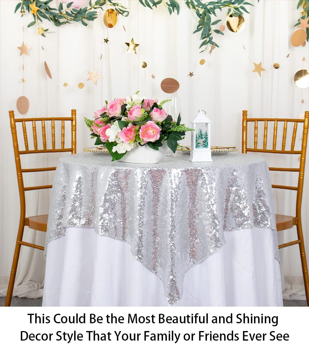 ShinyBeauty Sequin Tablecloth-Silver Sequin Table Overlay and Sequin Tablecloth/Linen for Wedding/Party/Event/Decoration 54inx54in