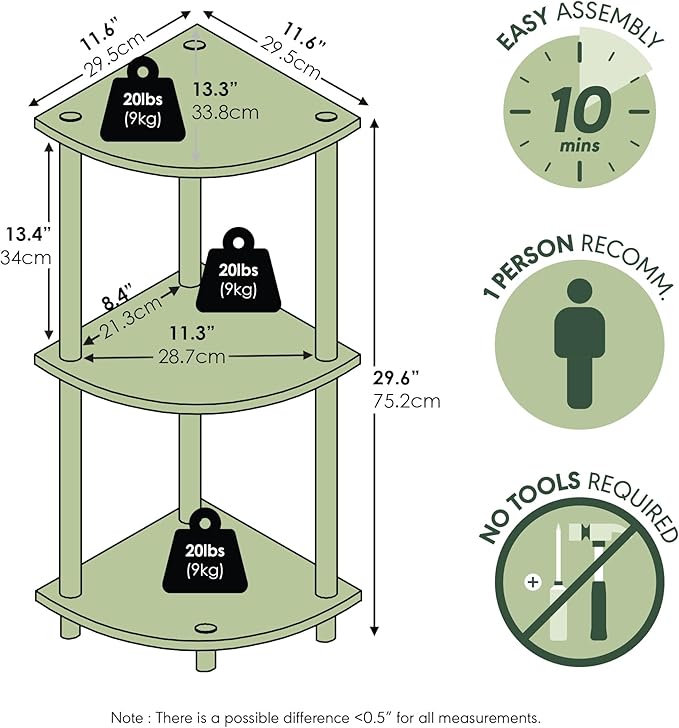 Furinno TURN-N-TUBE Corner Shelf, 3-Tier Corner Bookshelf, Display Storage - Image 2