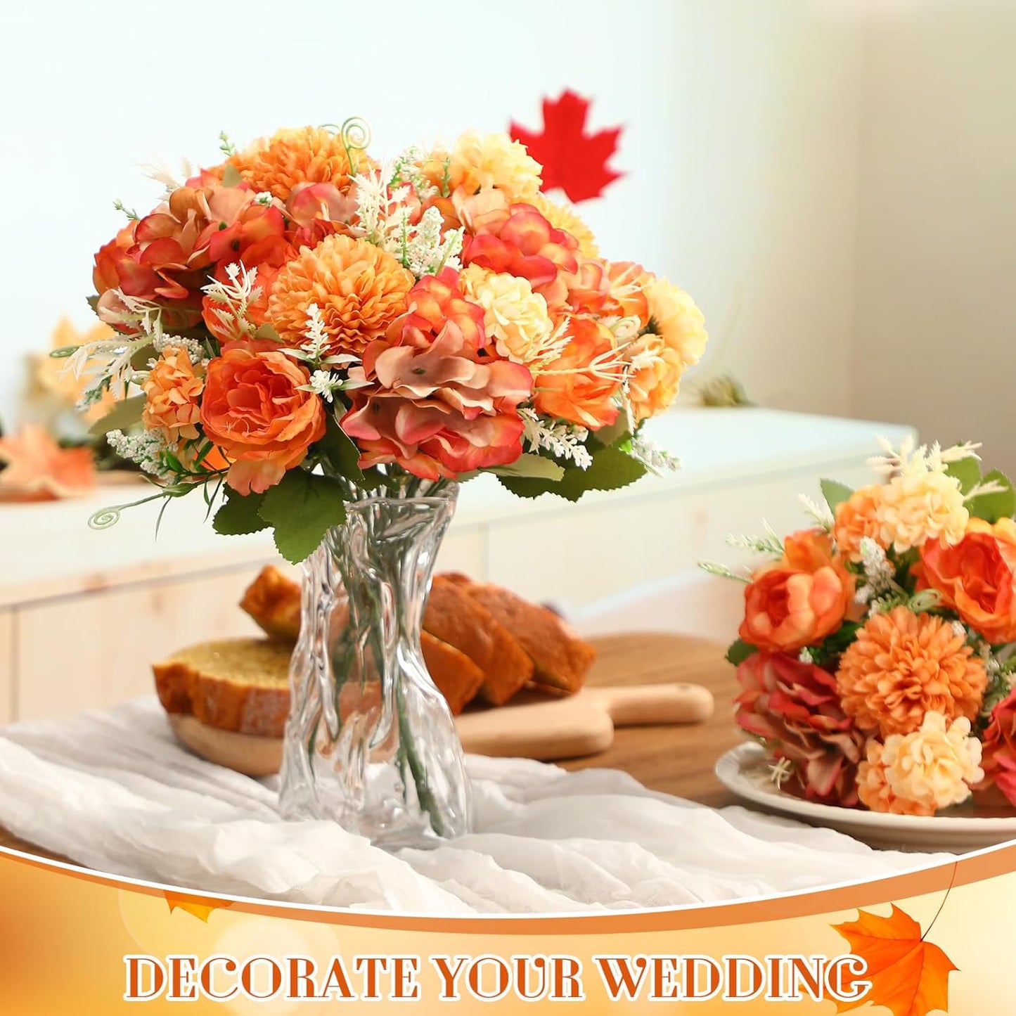 Tigeen Artificial Flowers Artificial Peonies Silk Flowers Faux Peony Fake Peony Silk Hydrangea Bouquet for Wedding Table Centerpiece Floral Vase Decor (Bright Orange,12 Bundles)