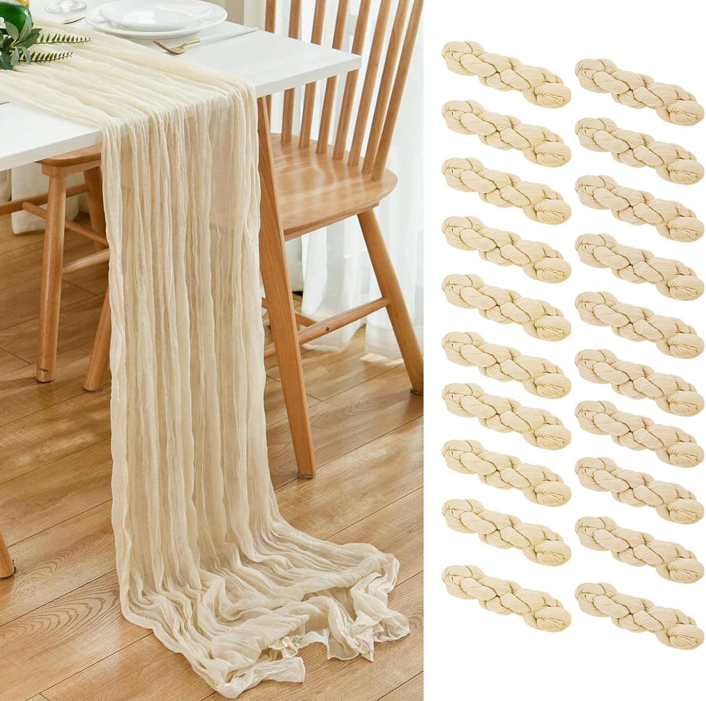 20 Pack Beige Cheesecloth Table Runner 17x108 Inch Boho Wrinkled Sheer Gauze Cheese Cloth Table Runner Bulk Decor for Wedding, Bridal Shower, Birthday Party
