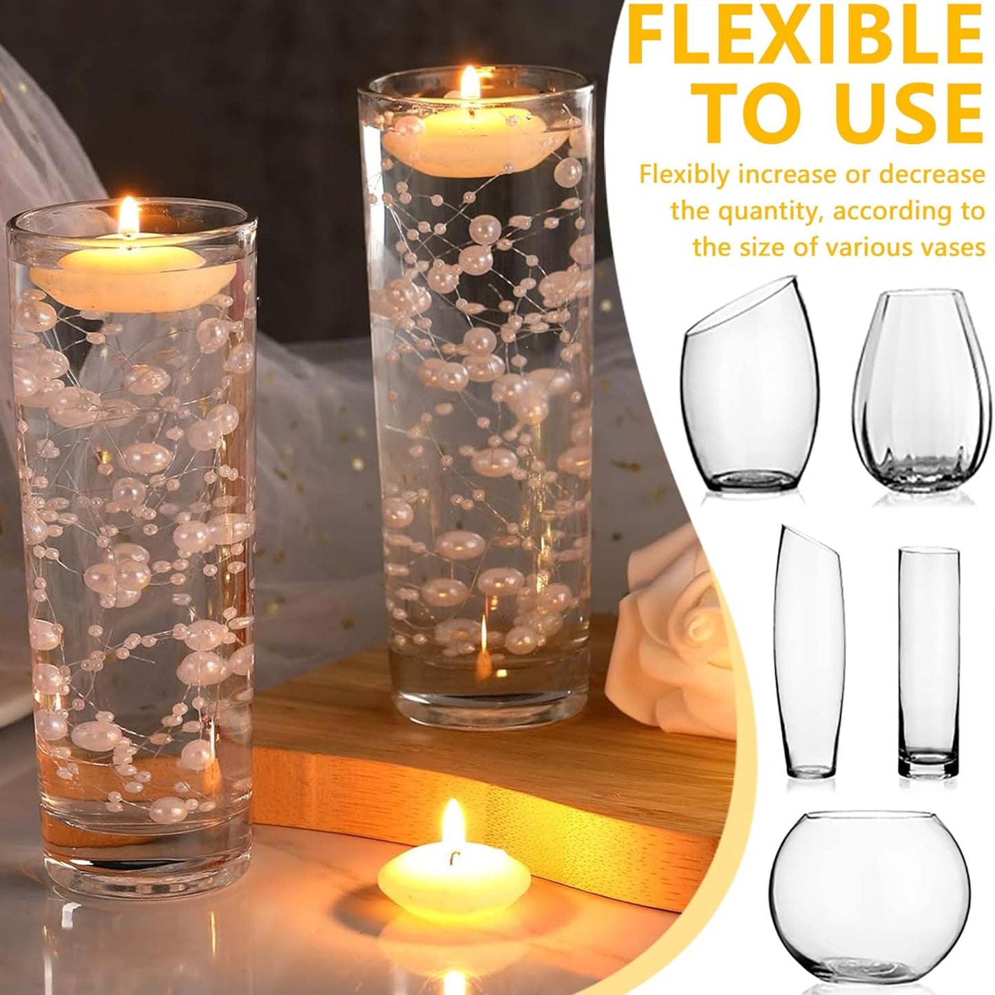 50 PCS Artificial Floating Beads for Centerpieces Vases, Gold 8+3mm String Beads for Wedding Party Faux Pearl String for Decorating, String Pearls for Crafts Vase Filler