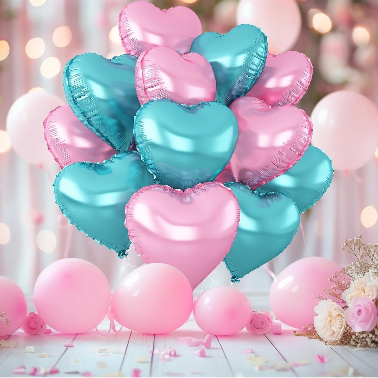 Pink Blue Heart Balloons,12Pcs Teal Blue Heart Shaped Foil Balloons,18Inch Light Pink Helium Polyester Film Balloon for Mermaid Birthday Baby Shower Anniversary Wedding Party Decorations
