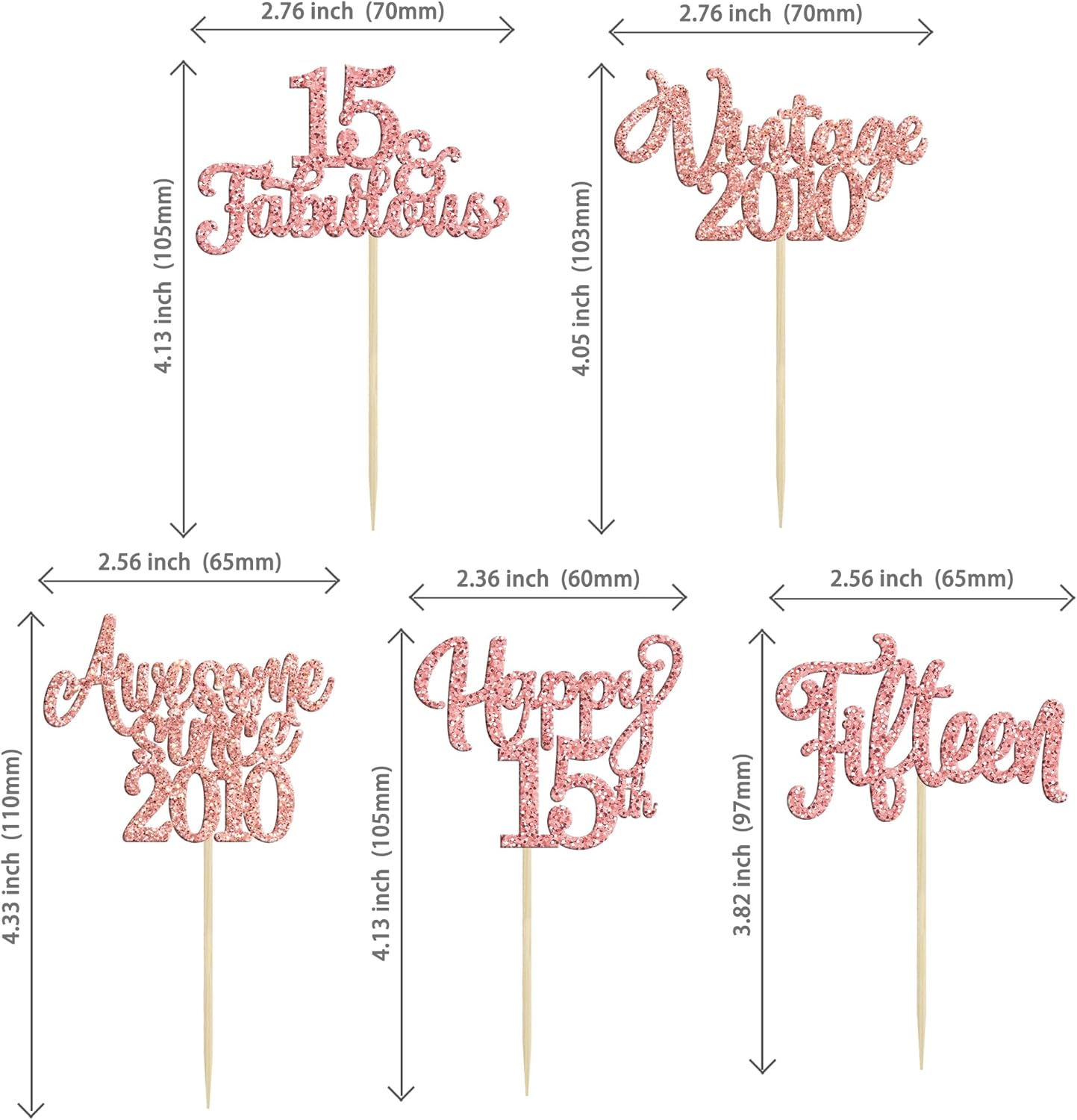 30Pcs Vintage 2010 Cupcake Toppers Glitter Fifteen 15 Fabulous Happy 15th Birthday Cupcake Picks Cheers to 15 Years for 15th Birthday Anniversary Party Cake Decorations Supplies Rose Gold