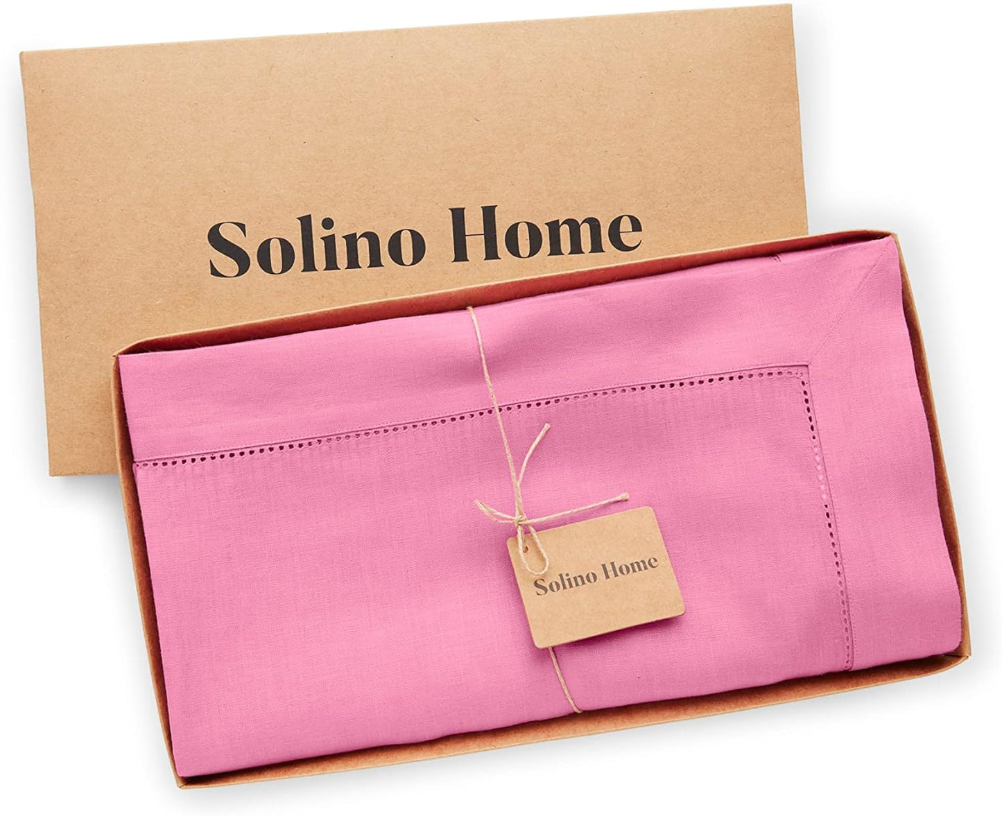 Solino Home Linen Tablecloth for Rectangle Tables 60 x 108 Inch - Classic Hemstitch 100% Pure Linen Flamingo Pink Table Cloth - Machine Washable Cloth Tablecloth for Halloween