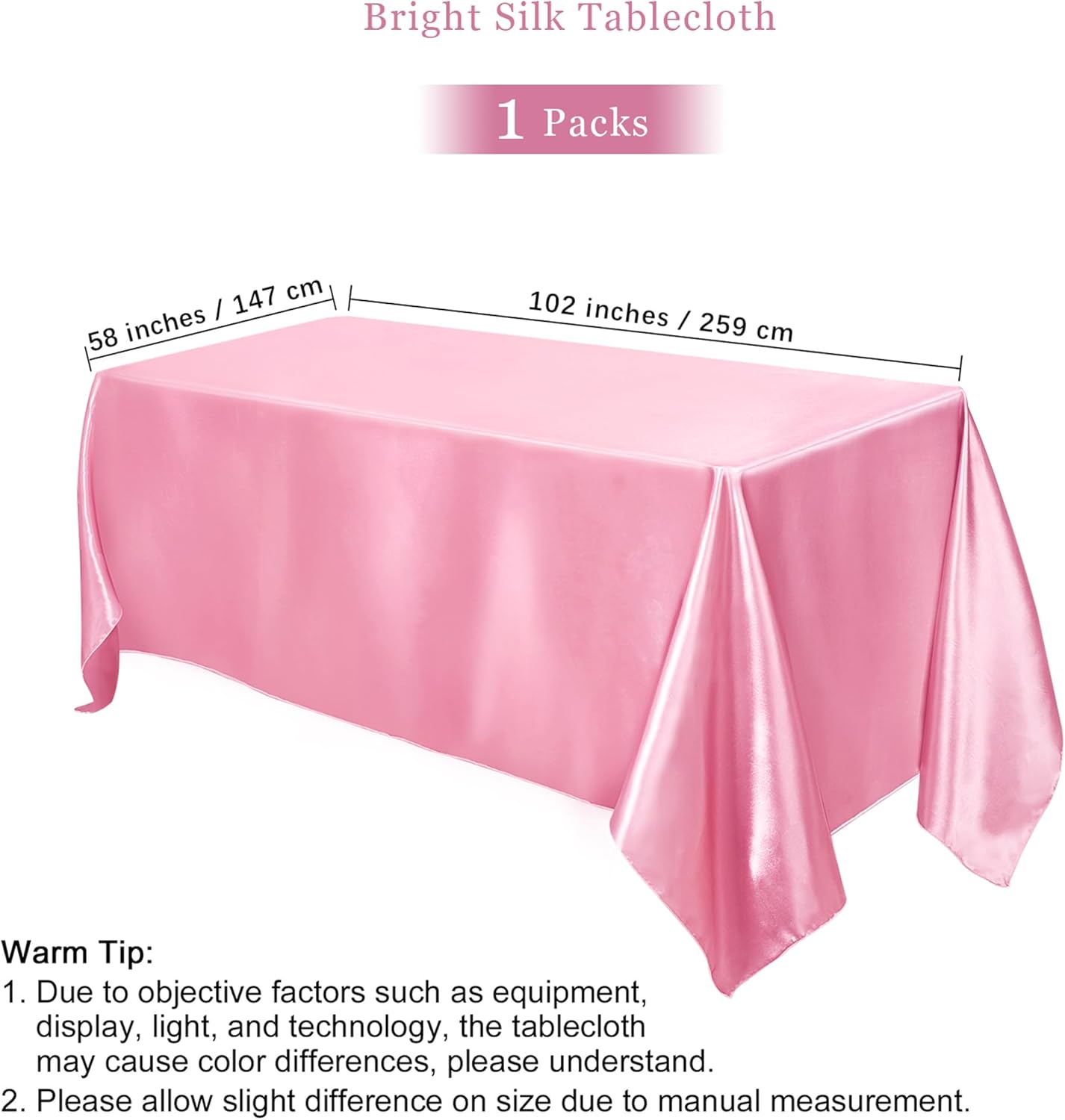 TURSTIN 1 Pack Pink Satin Tablecloth 102 x 58 Inch Overlay Satin Table Cover Rectangle Bright Silk Tablecloth Smooth Fabric Table Decoration for Wedding Banquet Party Events