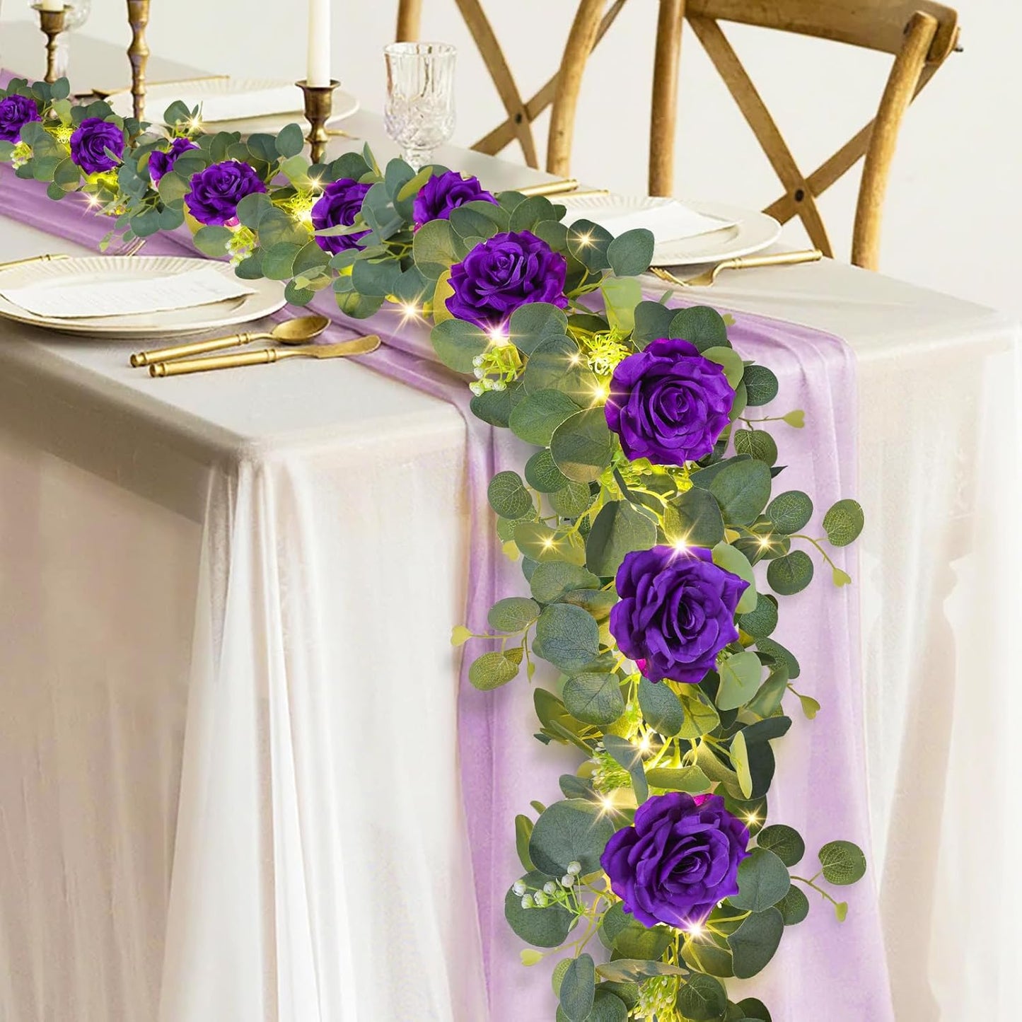 MACTING 6.6FT Flower Garland with Lights - Spring Gypsophila Eucalyptus Garland with 12 Purple Roses Artificial Floral Greenery Vine for Arch Table Centerpieces Backdrop Party Home Wedding Decor