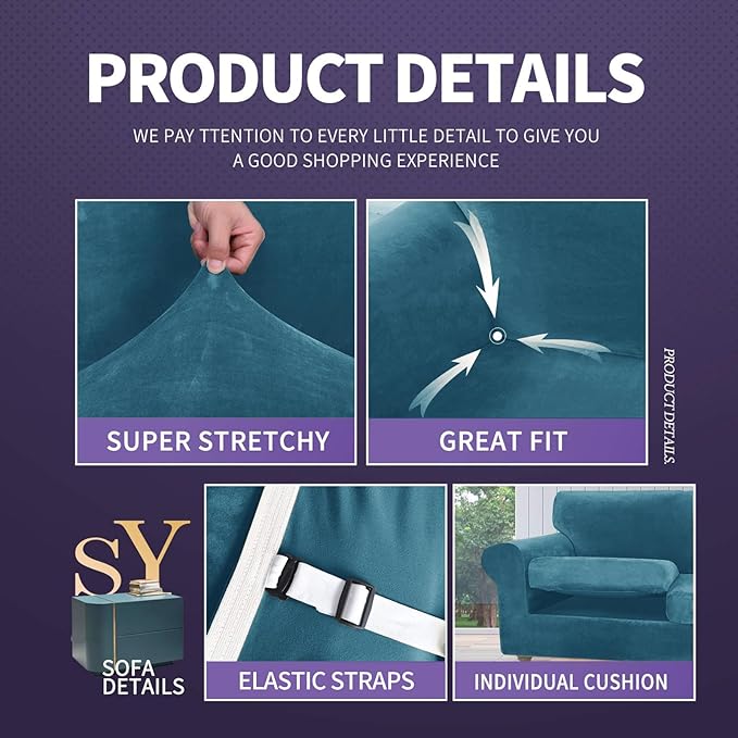 ZNSAYOTX Oversized Velvet Couch Cover 4 Piece Stretch Sofa Covers - Image 4