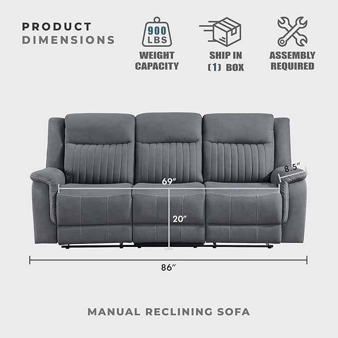 Lexicon Manual Double Reclining Sofa, Polished Microfiber Upholstered 3 Seater - Image 4
