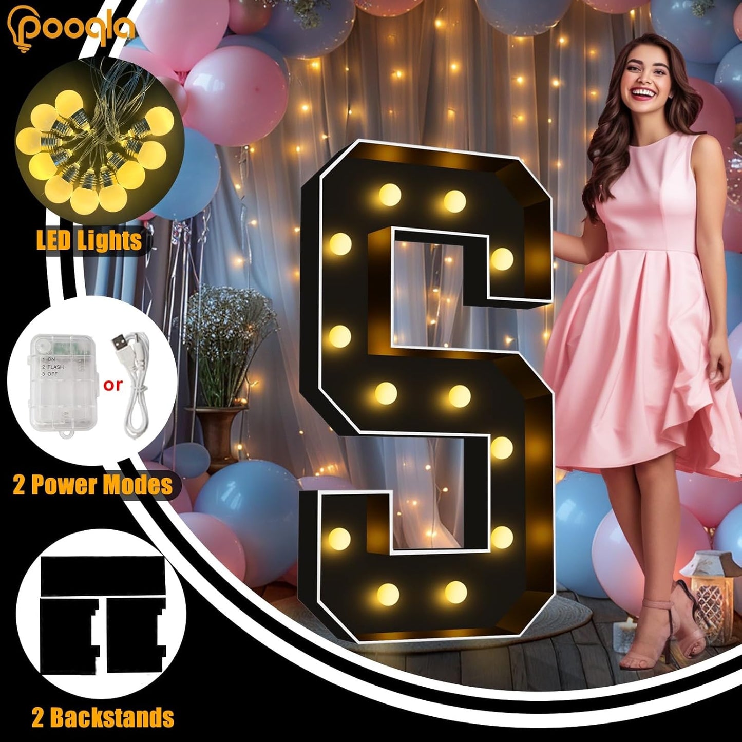 Pooqla 4 FT Marquee Light Up Letters, Black Marquee Letter Lights 4 Feet Tall, Giant Letter Sign Big Mosaic Letters for Balloons Birthday Party Anniversary Wedding Decorations, Warm White Letter M