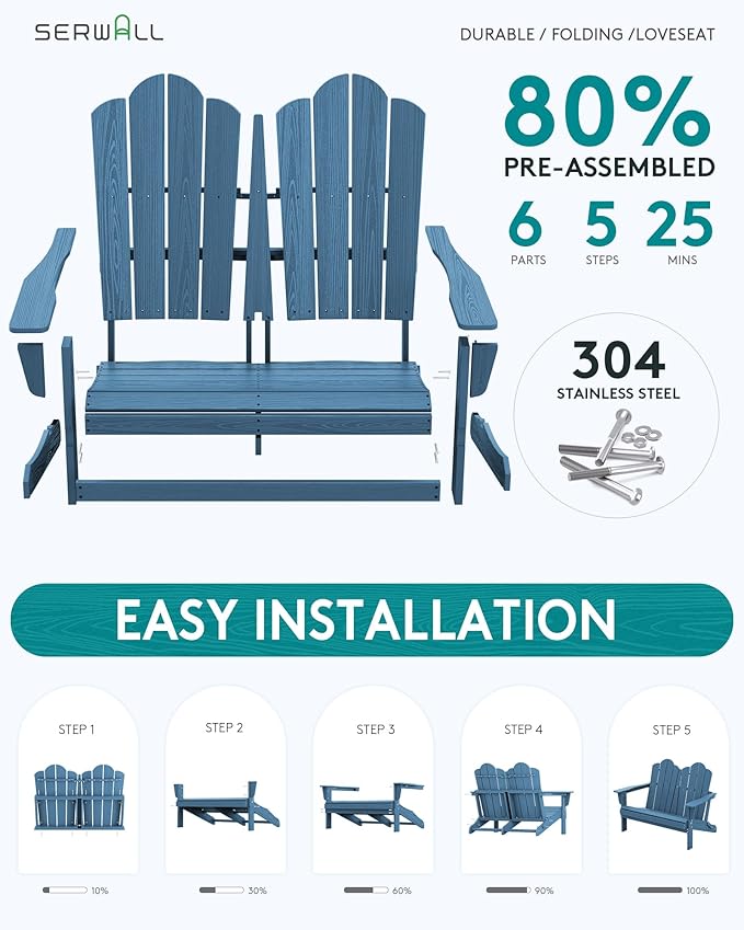 SERWALL 5 Pieces HDPE Patio Adirondack Chair Set, 2 Adirondack Chair - Image 4