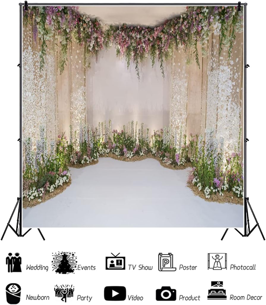 Renaiss 5x5ft Wedding Backdrop Romance Archway Flowers Blossom Sequins Curtain Cradle Ceremony Bridal Shower Photography Background for Anniversary Marriage Party Decor Photo Studio Props