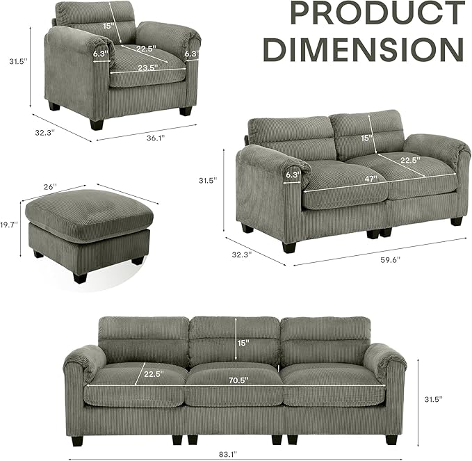 HAOMARKETS Corduroy Sofa Set, Upholstered Armchair Set of 2 and 3-Seater Sofa - Image 2