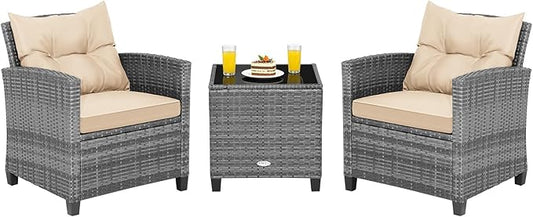 COSTWAY 3PCS Patio Furniture Set, PE Rattan Wicker Sofa w/Washable Cushion and by COSTWAY