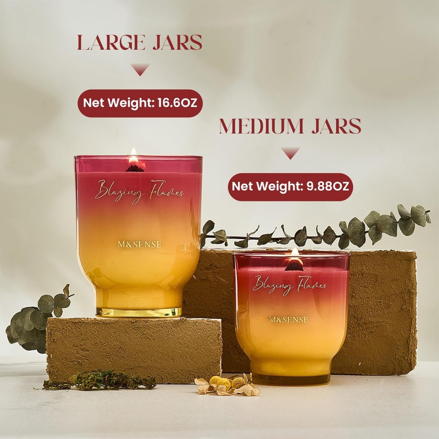 M&SENSE 9.88oz Natural Soy Wax Jar Candle with Wooden Wick | Blazing Flames Scent | 55-Hour Burn & Long-Lasting Burn | Housewarming Gift for Men and Women