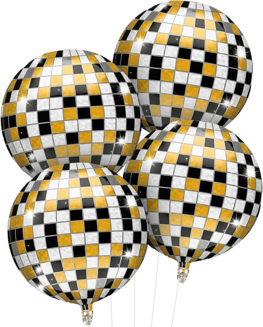 Iridescent Disco Ball Balloons 4PC,Foil Disco Balloons 22 Inch 4D Round Balloon for 70s 80s Birthday Bachelorette Graduation Decorations