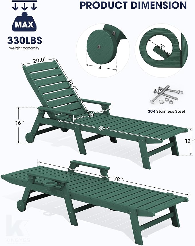 KINGYES HDPE Lounge Chair Outdoor, Patio Chaise Lounge Recliner - Image 2