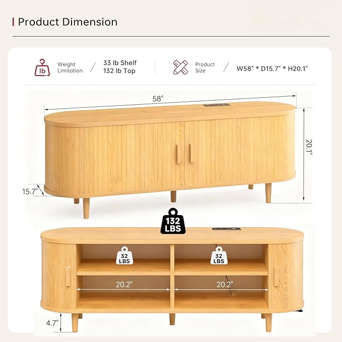 58" Mid Century Modern TV Stand, Wood TV Consoles - Image 3