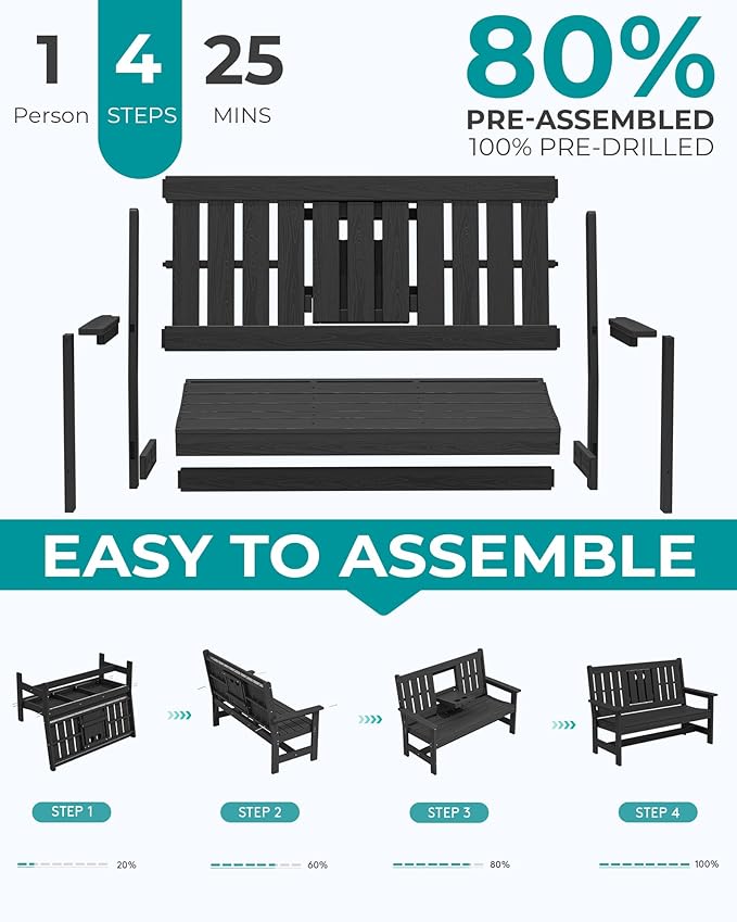 SERWALL Outdoor Bench with Cup Holder, Oversized 58" HDPE Porch Bench Suitable - Image 7