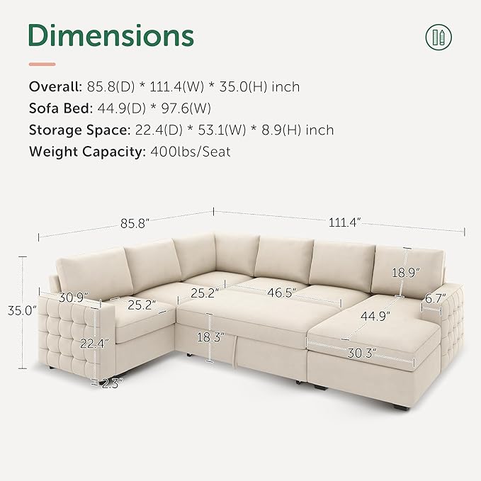 HONBAY Sectional Couch with Pull Out Bed, Sectional Sleeper Sofa with Storage - Image 2