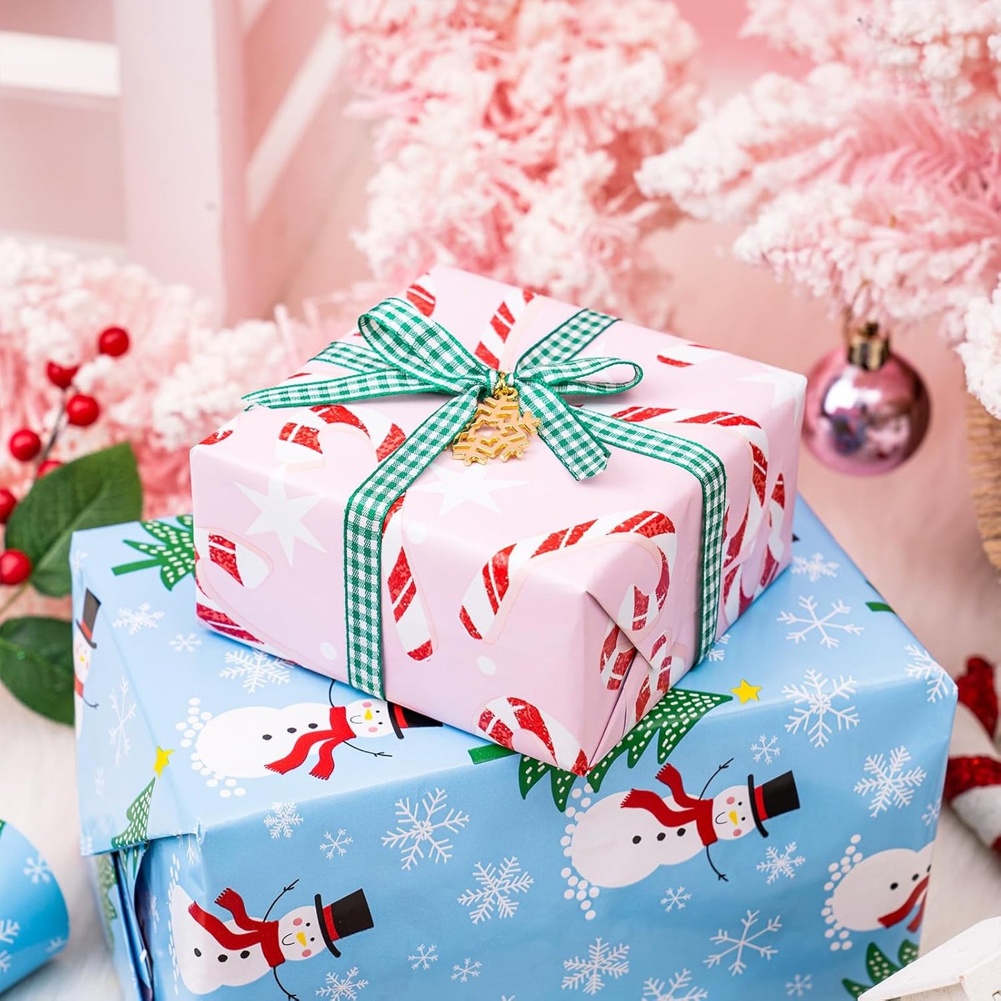 LeZakaa Christmas Wrapping Paper for Kids, Mini Roll, Red Truck, Snowman Christmas Tree in Blue & Pink Candy Cane Reversible Design for Winter Holiday Family Gathering, 17 inches x 32.8 Feet