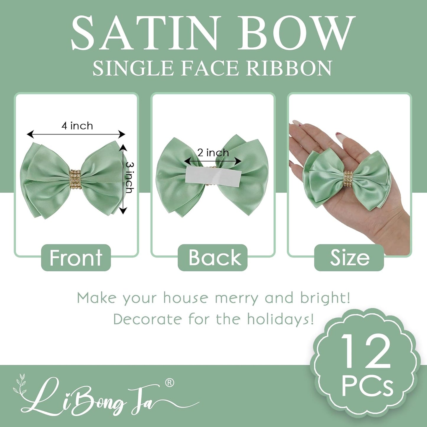 Moss Green Ribbon Bows 4'' Premade Satin Bow, Gift Bows with Rhinestone, Wrapping Bows for Presents, Greeting Cards, Treat Bags, Wine Bottles, Valentines Bows for Gift Wrapping-12 Counts