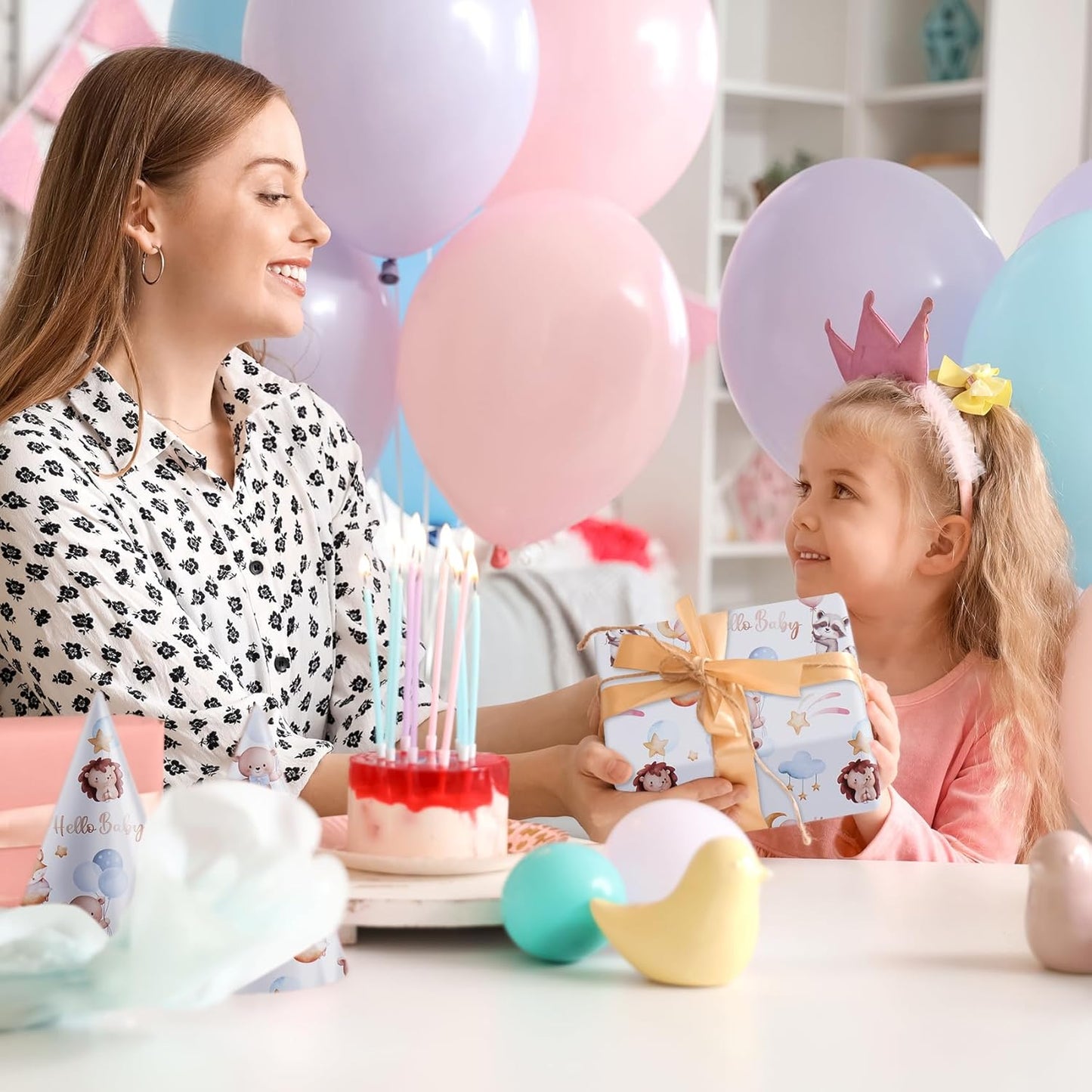 Aimyoo Baby Shower Wrapping Paper Roll - 17 Inch x 16.4 Feet - Cute Animal with Hello Baby Letter Design Perfect for Boys Girls, Birthday, Party