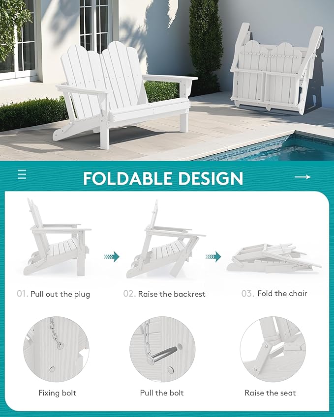 SERWALL Folding Adirondack Bench Set of 2, HDPE All-Weather Adirondack Loveseat - Image 6
