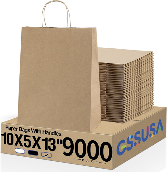 GSSUSA Brown Paper Bags with Handles 9000 Pack Brown Gift Bags10x5x13 Inch Kraft Paper Bags, for Shopping, Retail and Grocery -Take Out Bag