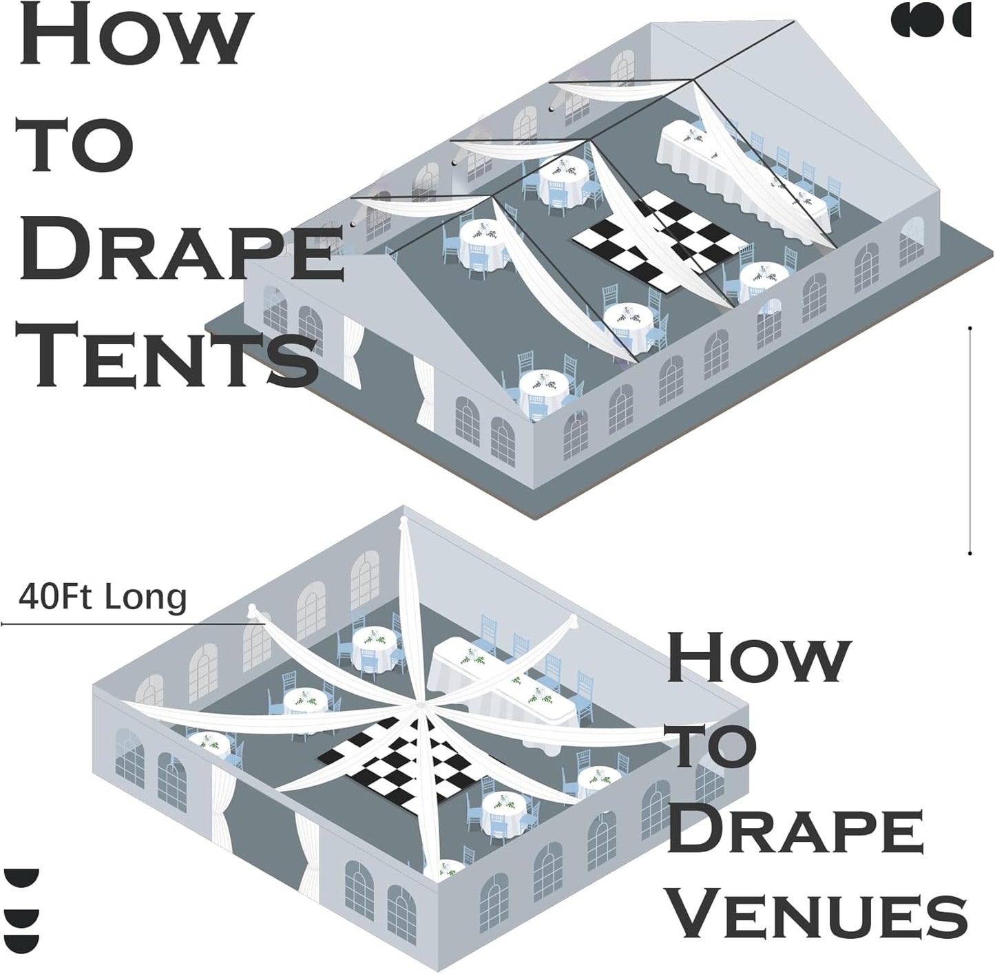 PartyVillage 50ftx40ft Ivory Ceiling Curtain for Wedding Parties – 10 Panels Wrinkle-Free 40 FT Long Tent Draping Curtains for Wedding, Birthday & Theme Parties, 40ft Height with Rod Pocket