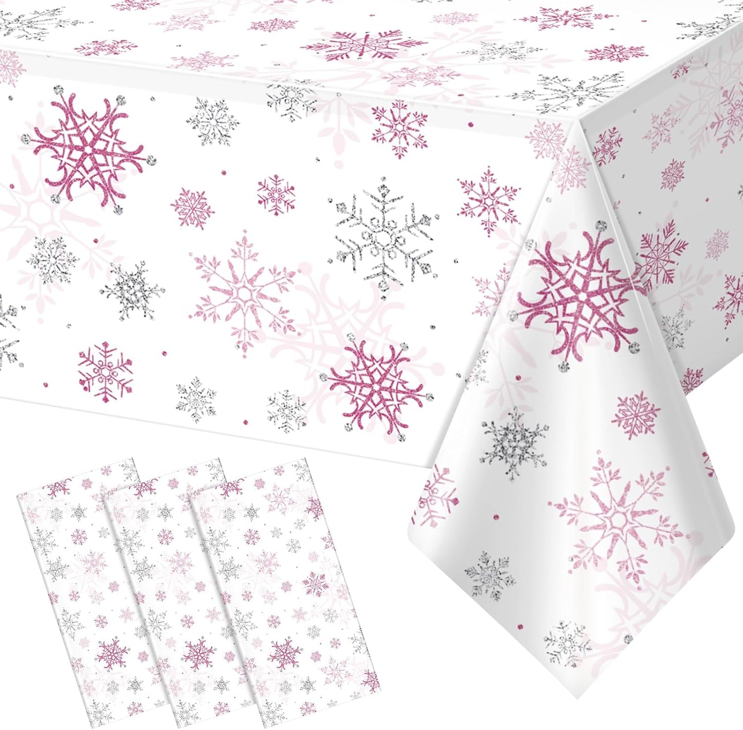 3 Pcs Christmas Snowflake Party Tablecloths Decorations,Plastic Pink Winter Onederland Rectangle Table Cover for Christmas New Year Girls 1st Birthday Baby Shower Holiday Party Decorations,54x108 inch