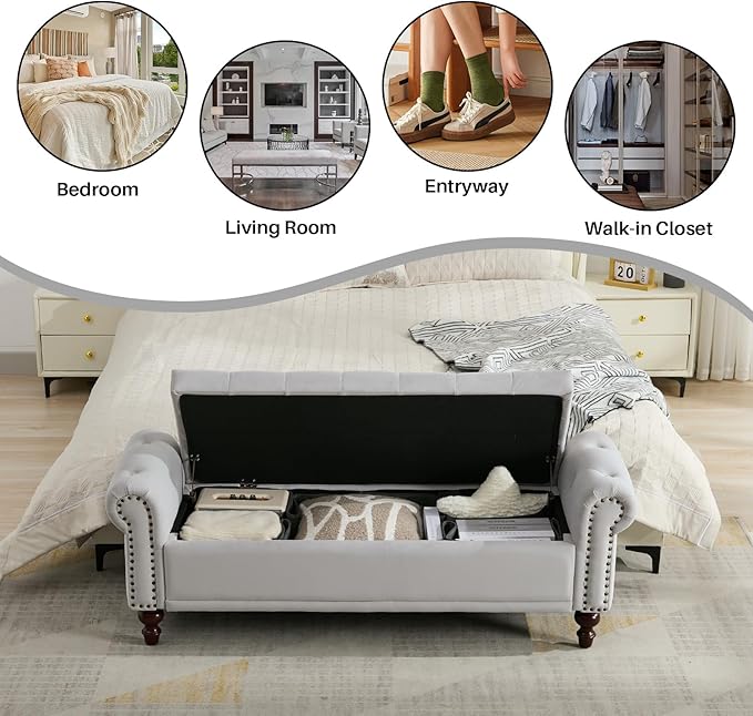 SOFTHION 58.1" Storage Bench Upholstered Velvet End of Bedroom Bed Bench Ottoman - Image 6