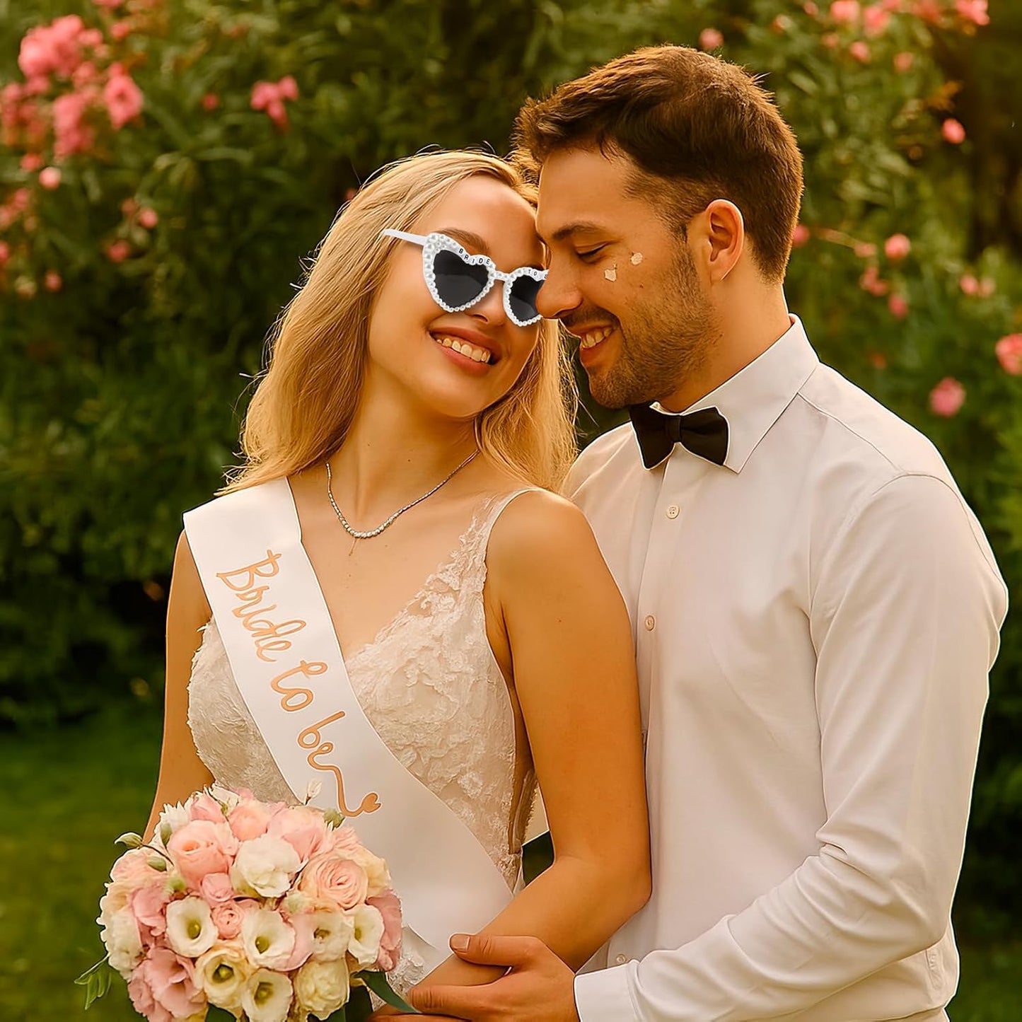 2 Pcs White Bride To Be Sash And Sunglasses Set,Pearls White Heart Bride Sunglasses And Sash Wedding Accessories,Brides Sunglasse For Bachelorette Party Gift,For Wedding,Bachelorette Party Accessories