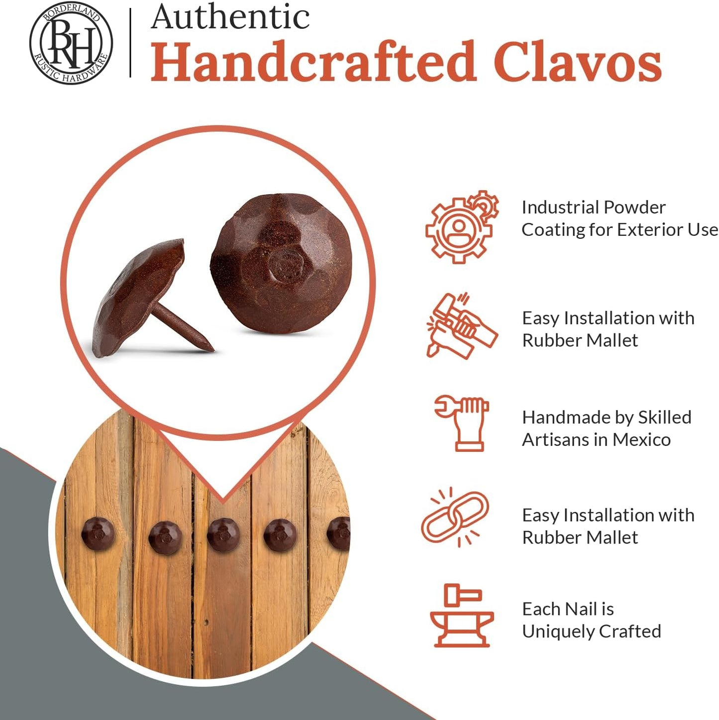 50 Pack 1.25" Round Head Iron Clavos Decorative Nails – Sealed Rusted – Handmade Rustic Round Fasteners for Farmhouse Shutters, Faux Wood, Barn Doors, Shutters, Gates – Ornamental Wood Accent