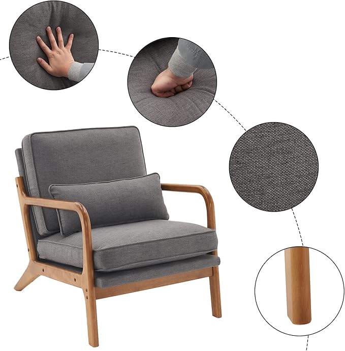 VINGLI Linen Dark Grey Comfy Accent Chair, Mid Century Modern Lounge Armchair - Image 3