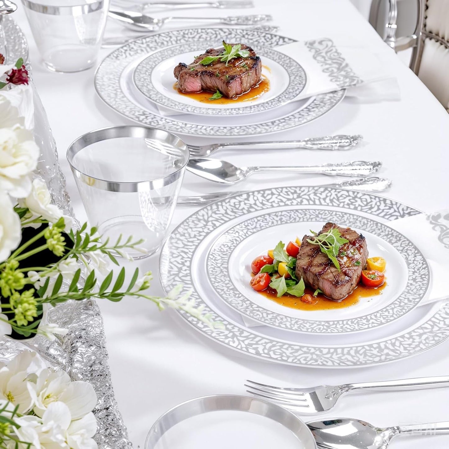 Festiva 350PCS Silver Plastic Dinnerware Set - Disposable Lace Silver Plates and Napkins Party Supplies - include plates,napkins,cups,silverware - Serve for 50 Guests Party&Wedding