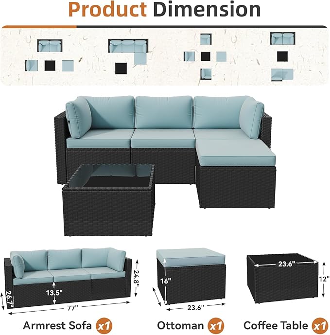 Aoxun Outdoor Patio Furniture Set, 5-Pieces All-Weather Rattan Sectional Sofa - Image 2