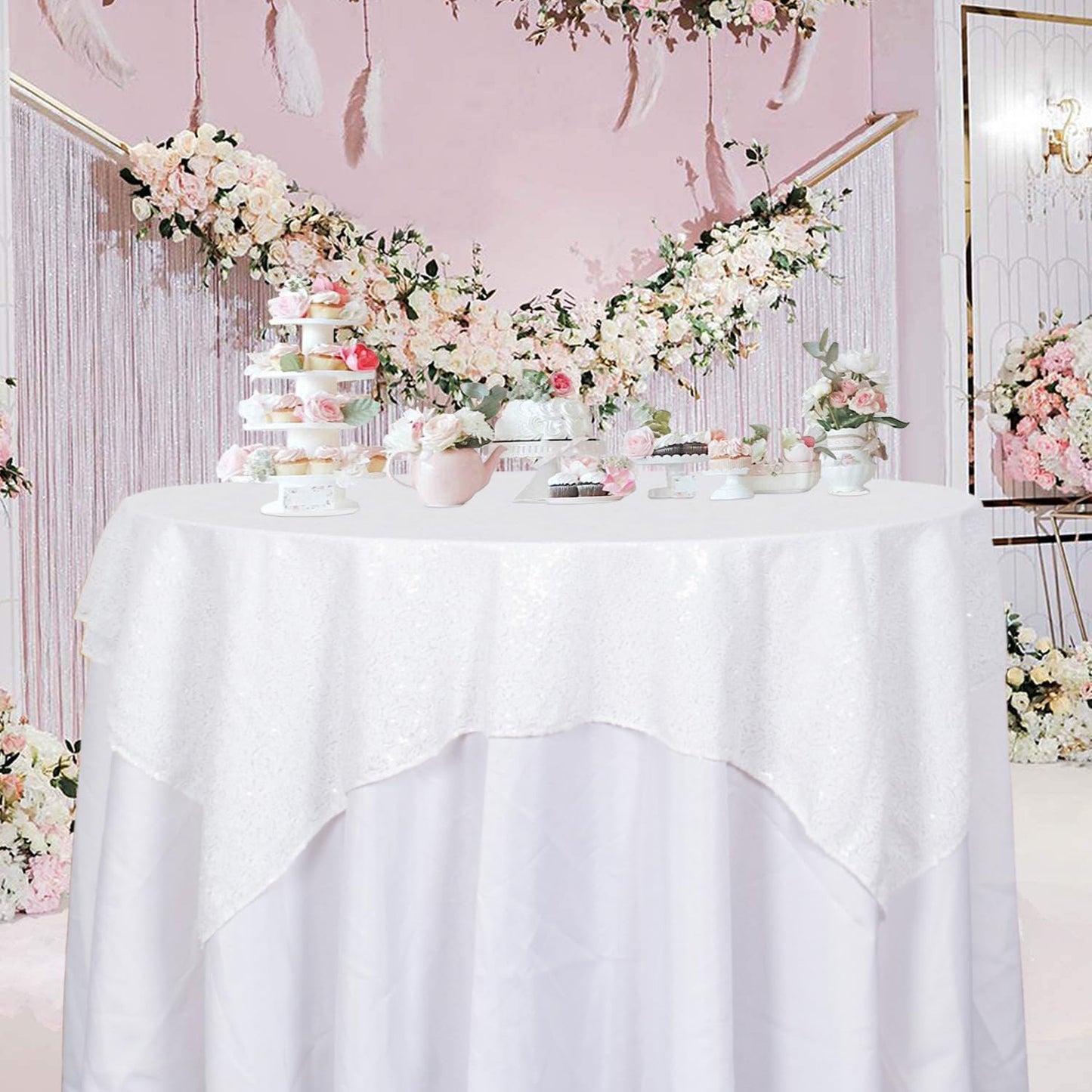 ShinyBeauty Sequin Tablecloth Square 54x54-Inch White Table Cloths for Round Table White Sequin Fabric Tablecloth Overlay Glitter Linen for Parties Small Square Tablecloth for Wedding
