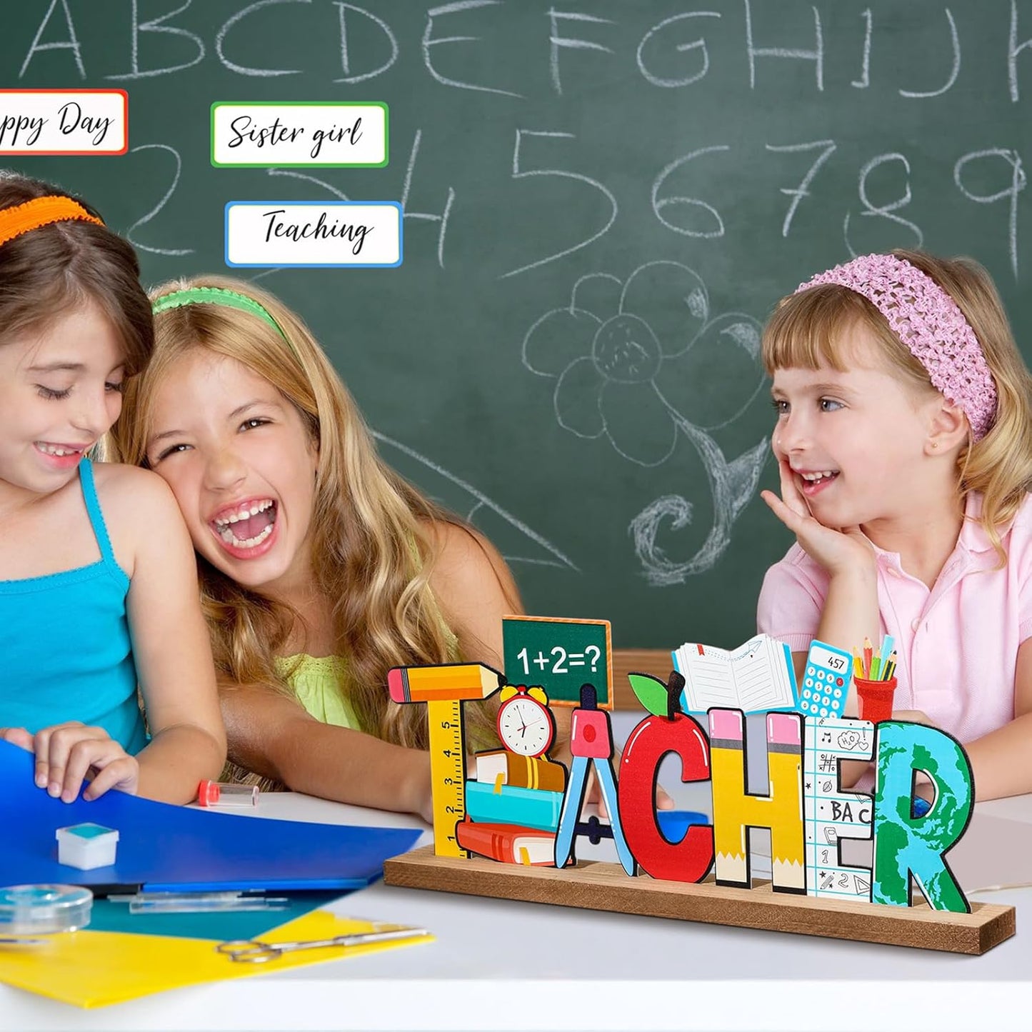 Back to School Metal Sign Teacher Appreciation Table Decor Holiday Tiered Tray Decor with Wooden Base Freestanding Metal Word Sign for Home Tabletop Centerpiece Mantel Shelf Fireplace