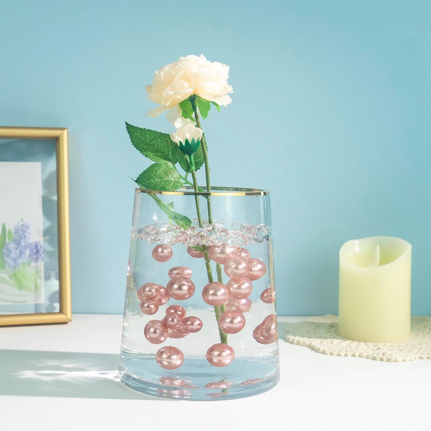 300Pcs Rose Gold Polished No Hole Faux Pearl Beads for Vase Filling Decorations, Plastic Pearls Vase Fillers, Table Scatters, Wedding Centerpiece, Home Decor, 8/14/20 mm