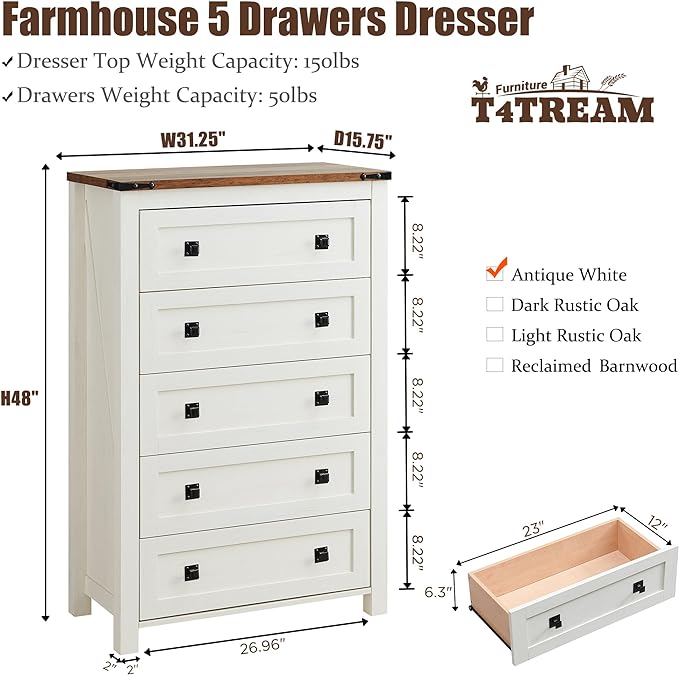 T4TREAM Farmhouse 5 Drawers Dresser Chests - Image 2