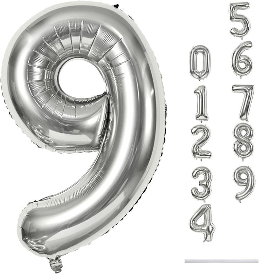 40'' Silver Number 9 Balloons for Women Men, Giant Self Inflating Foil Number Balloons Set 0-9, Large Digital 9 Helium Balloon for Boys Girls 9th Birthday Party Decorations Anniversary Supplies