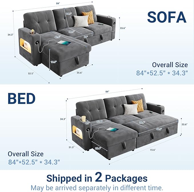 GarveeHome 84 Inch Sleeper Sofa Bed, L-Shaped Sofa, Convertible Pull Out Couch - Image 2
