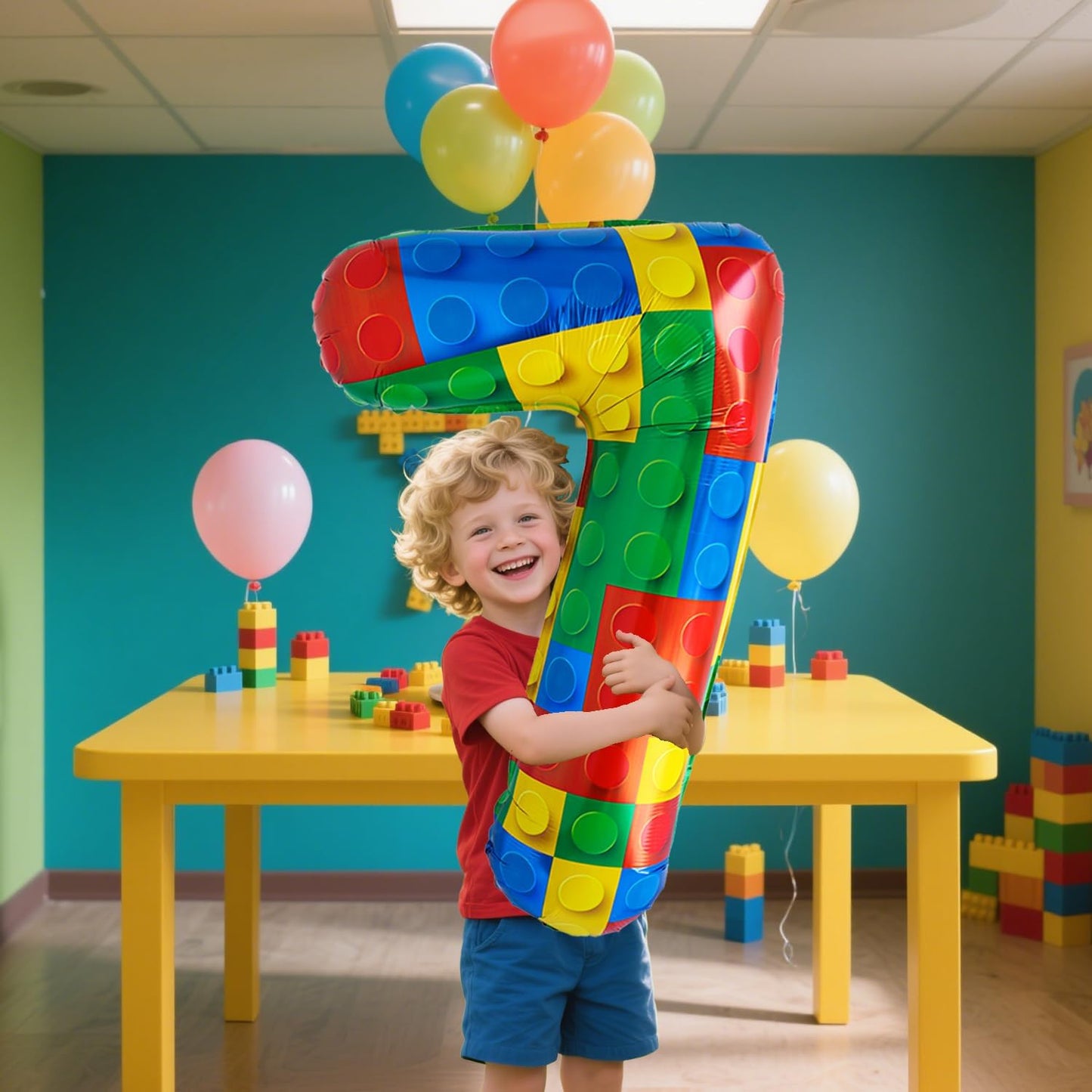 32 Inch Stackable Block Number 7 Balloon – Colorful Brick Building Themed Big Helium Digits for Kids Birthday Party Decorations (Building Block, Number 7)