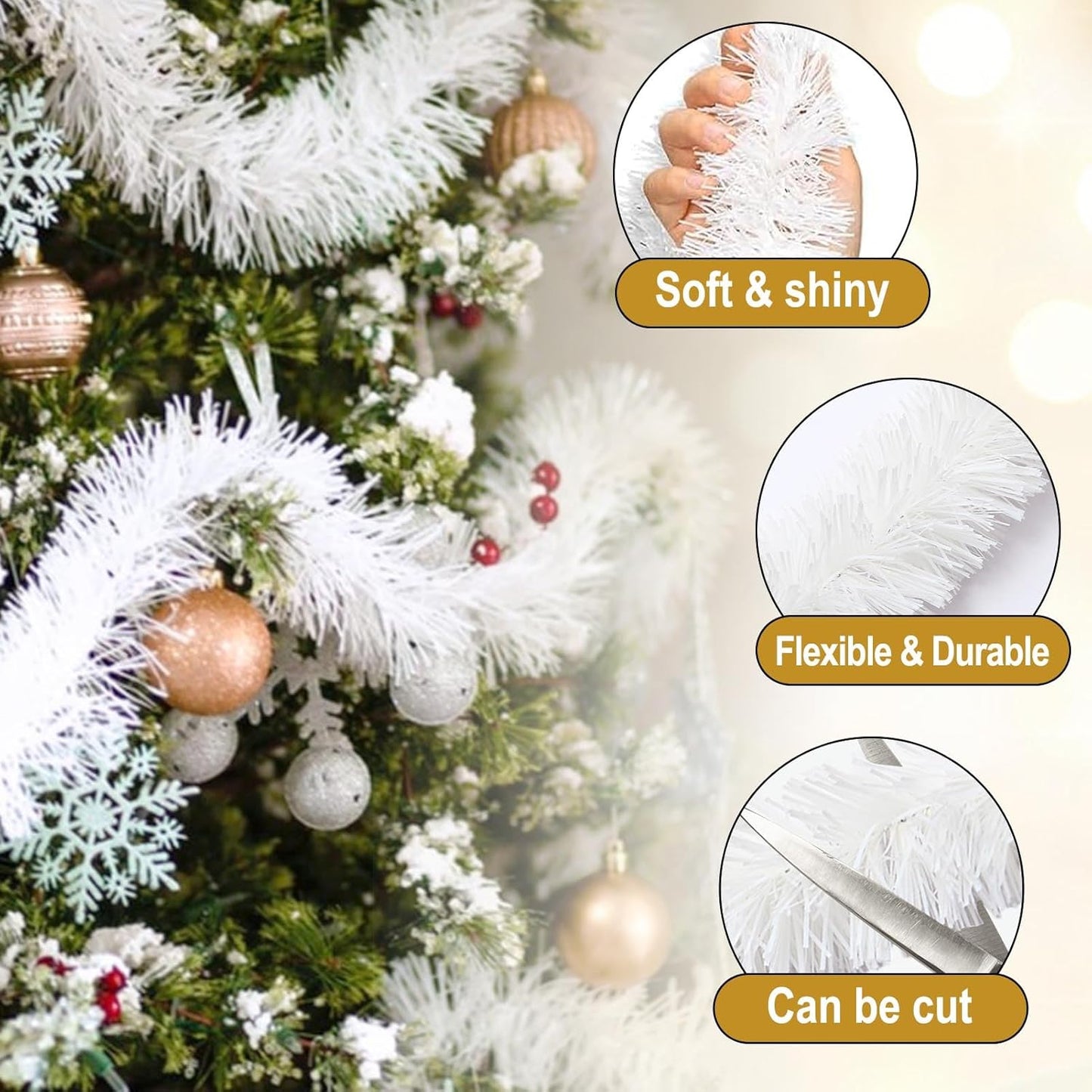 25 Feet Macaron White Christmas Tinsel Garland, Metallic Foil Twist Garland Wall Hanging Tinsel Banner Backdrop for Parade Floats, Easter, Mother's Day, Birthday Party Decorations (4in x 25ft)