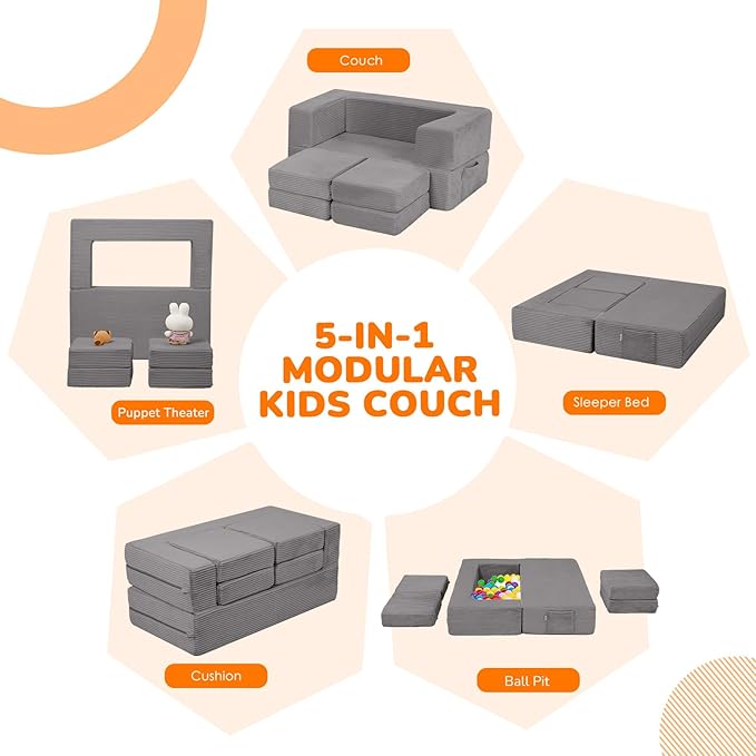 MeMoreCool Modular Kids Couch – Light Grey Foam Play Sofa Bed Convertible - Image 4